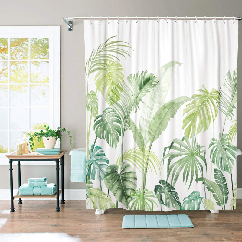 Lifeel Tropical Shower Curtain, Leaves Jungle Shower Curtain Palm Bathroom Shower Curtain Set Heavyweight with 12 Hooks, Green White 72" x 72" - Image 2